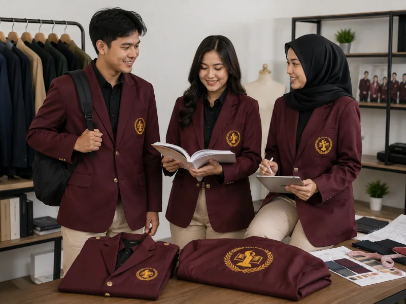 Almamater custom untuk kampus dan organisasi dengan bordir logo institusi produksi Kurnia Jaya Pondok Aren