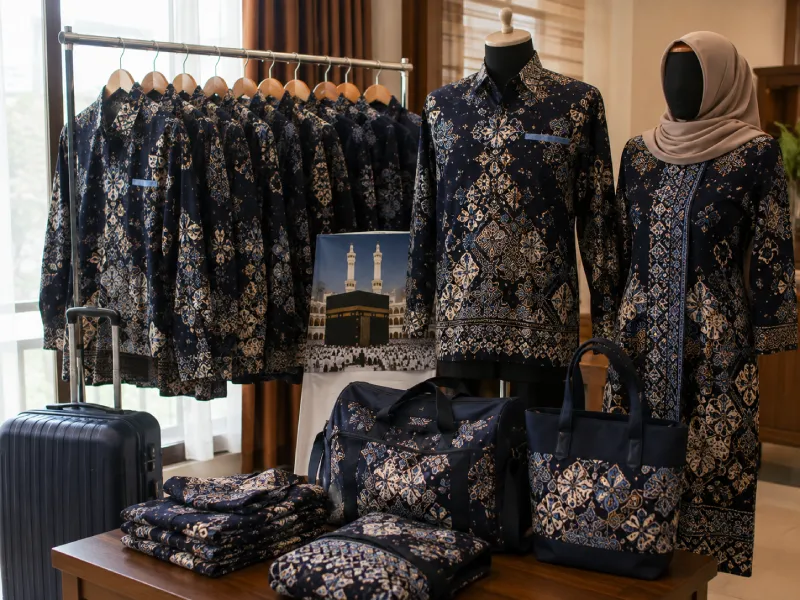 Contoh batik custom untuk rombongan travel haji dan umrah produksi Kurnia Jaya Pondok Aren