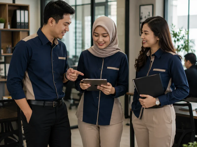 Konveksi seragam kantor custom dengan desain sesuai identitas perusahaan produksi Kurnia Jaya di Pondok Aren