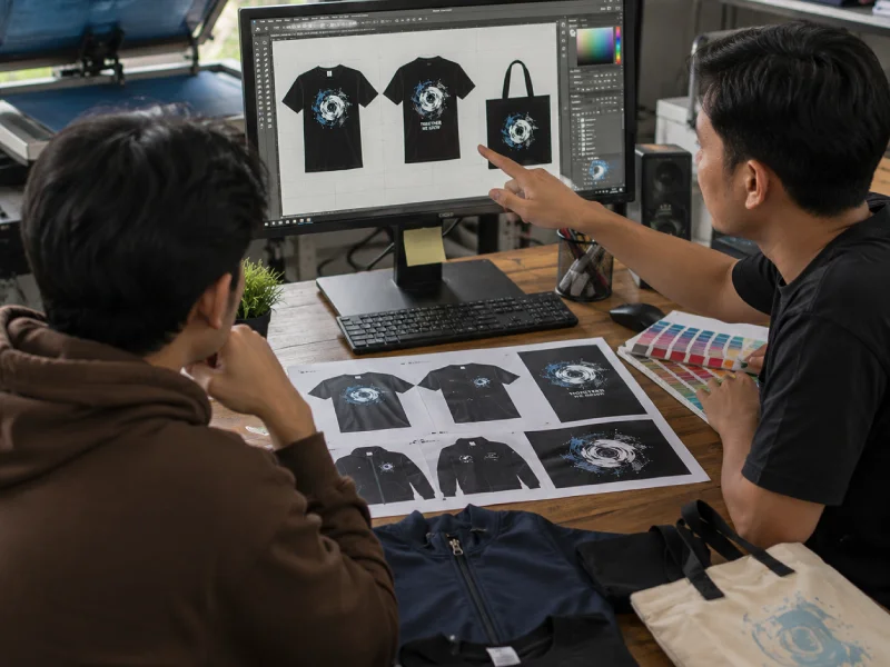 Proses pembahasan desain dan aplikasi sablon untuk kaos custom di Kurnia Jaya Pondok Aren