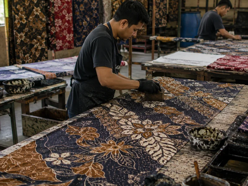 Proses produksi batik custom dengan penyesuaian motif dan pewarnaan di Kurnia Jaya Tangerang Selatan