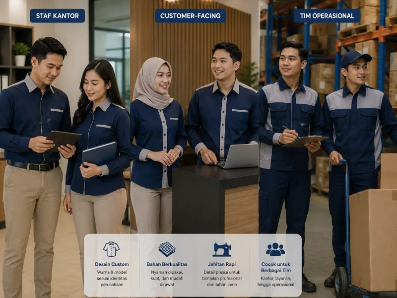 Varian seragam kantor untuk staf, customer-facing, dan tim operasional produksi Kurnia Jaya