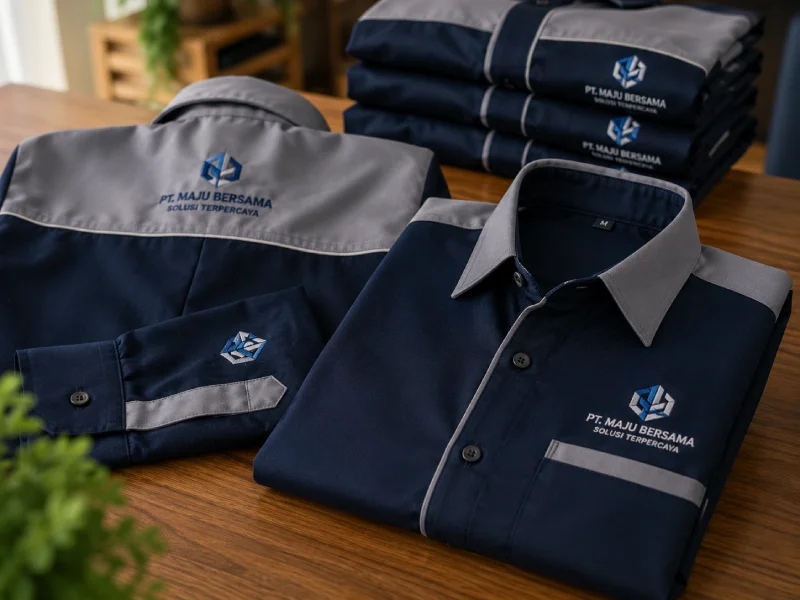 Contoh seragam perusahaan dengan desain custom dan logo brand produksi Kurnia Jaya Pondok Aren