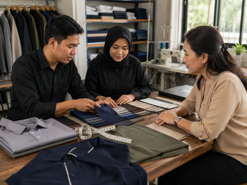 Tim Kurnia Jaya berkonsultasi dengan klien mengenai spesifikasi seragam custom di kantor Pondok Aren